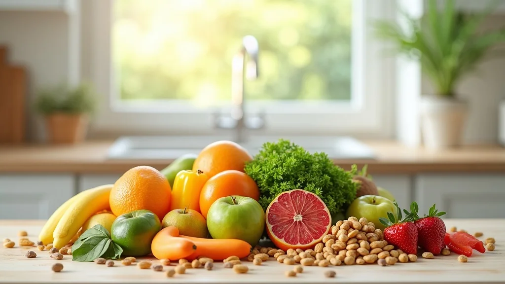 natural healing - Tabletop with healthy foods (fruits, greens) and processed foods, nutrition choices, photorealistic still life, modern kitchen
