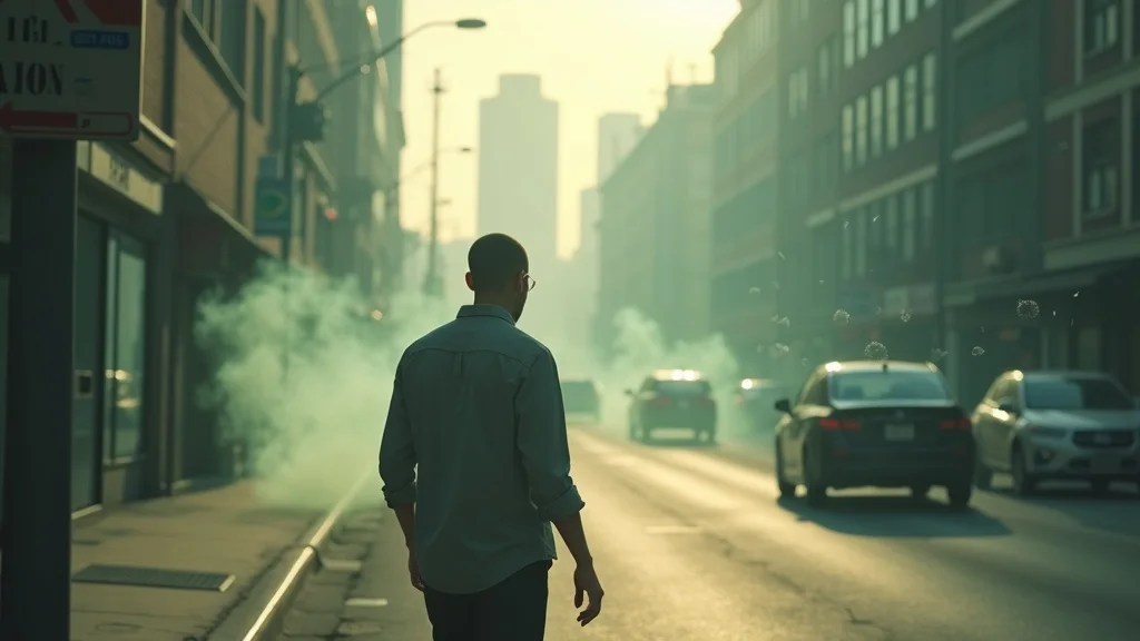 Person feeling tired from environmental toxins and stress, walking in a city with car fumes and industrial buildings in the background.