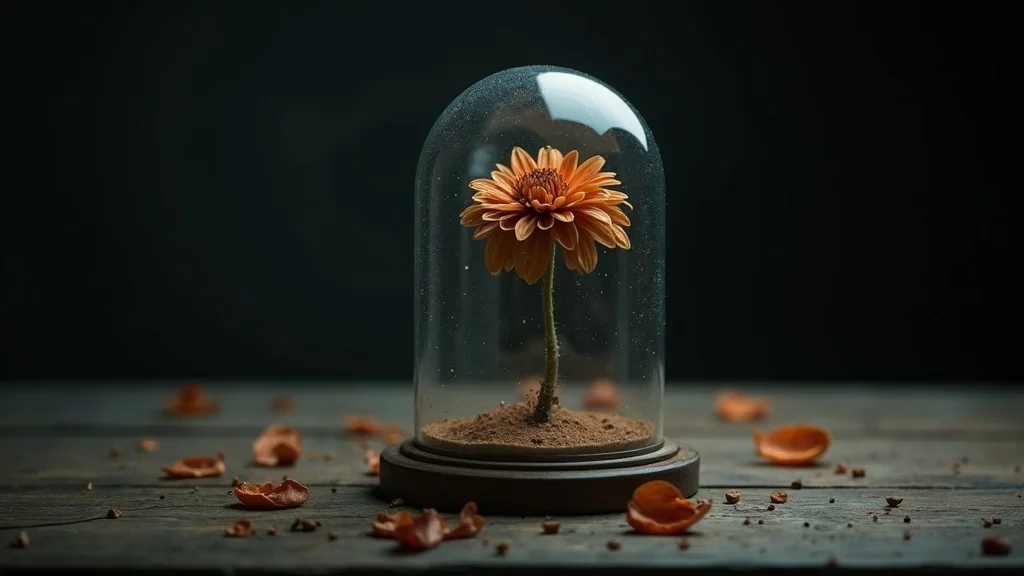 Conceptual image symbolizing rotting thoughts and feelings, emotional healing and transformation using wilting flower metaphor.