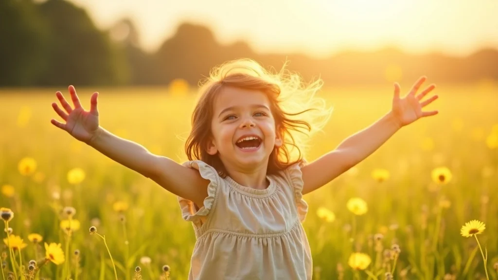 Hopeful young child, representing the inner child and emotional healing, embracing sunlight in nature.