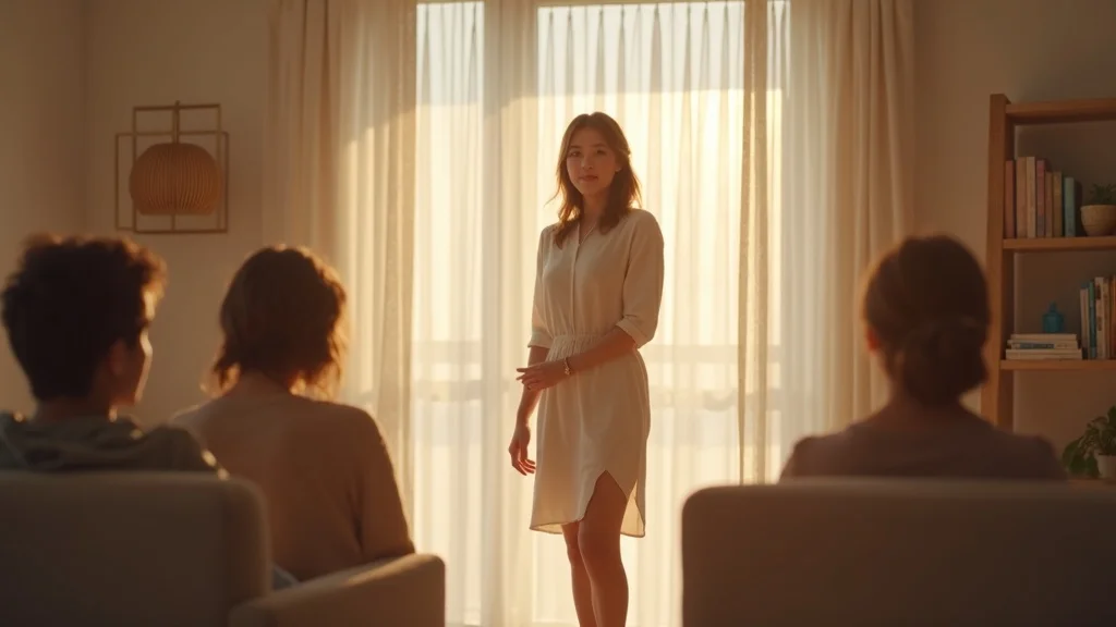 Serene woman entering a softly lit living room, illustrating human body's energy system with subtle energy ripples and attentive body language