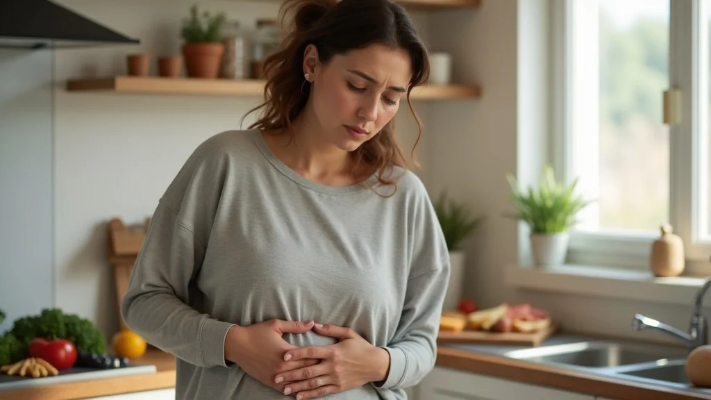 Thoughtful adult woman in a kitchen, touching her stomach, symbolizing concerns around yeast overgrowth and internal balance