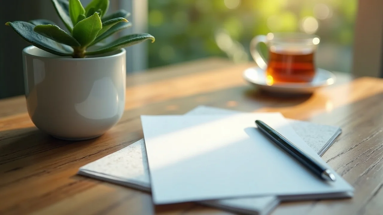 Serene still life of an open journal, pen, calming tea and foliage, peaceful journaling setup for emotional release and personal growth.