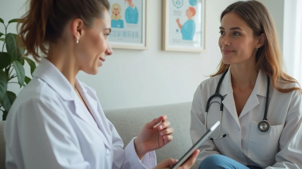 Healthcare professional and patient discussing hydrogen water risks and benefits on a tablet, private clinic setting