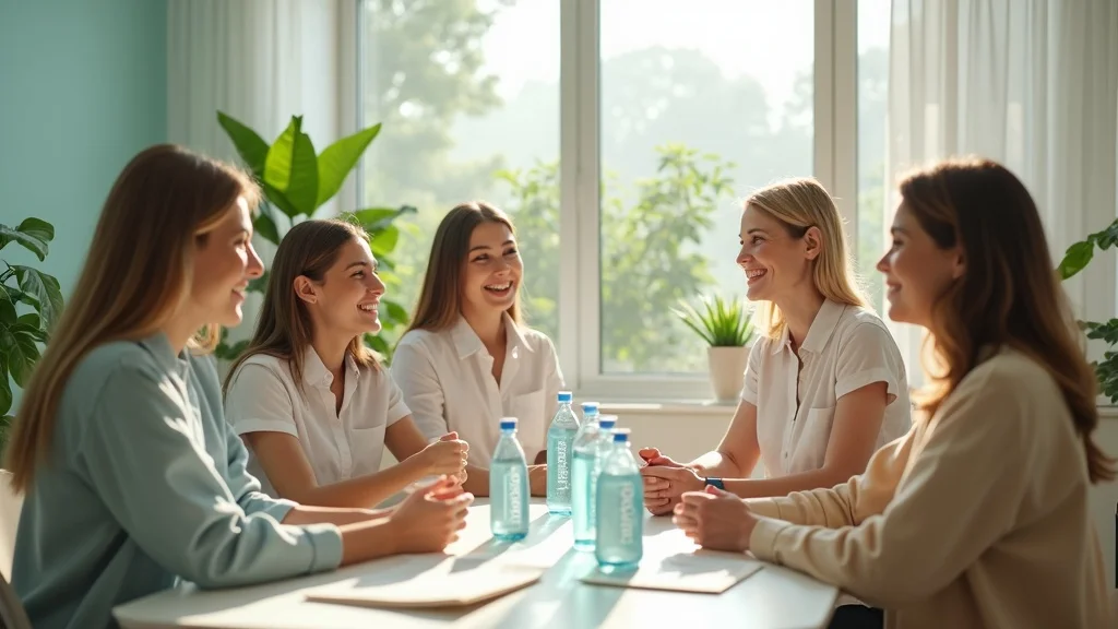 Adults discussing hydrogen water benefits around a table with wellness brochures; set in a bright wellness clinic with indoor plants