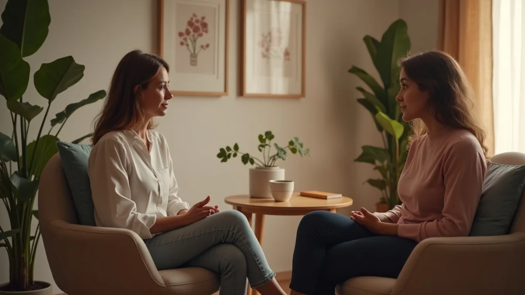 Supportive therapy session addressing emotional roots of bulmia eating disorder in a warm counseling room