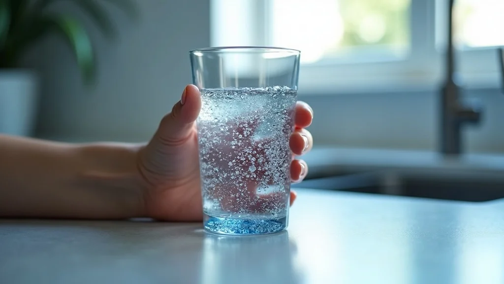 Glass of hydrogen water bubbling on a sleek kitchen counter, modern appliances in background, captured under natural morning light - hydrogen water health benefits