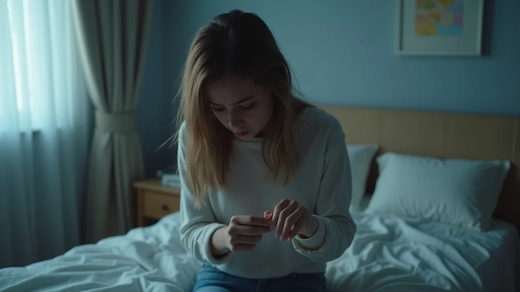Worried teenager experiencing bulmia eating disorder in secrecy, anxiety in a softly lit bedroom