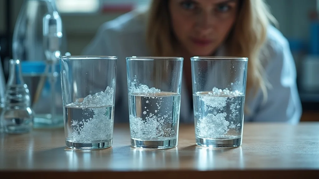 Three glasses: plain water, mineral water, and bubbling hydrogen water, side-by-side, detailed photorealism for hydrogen water comparison