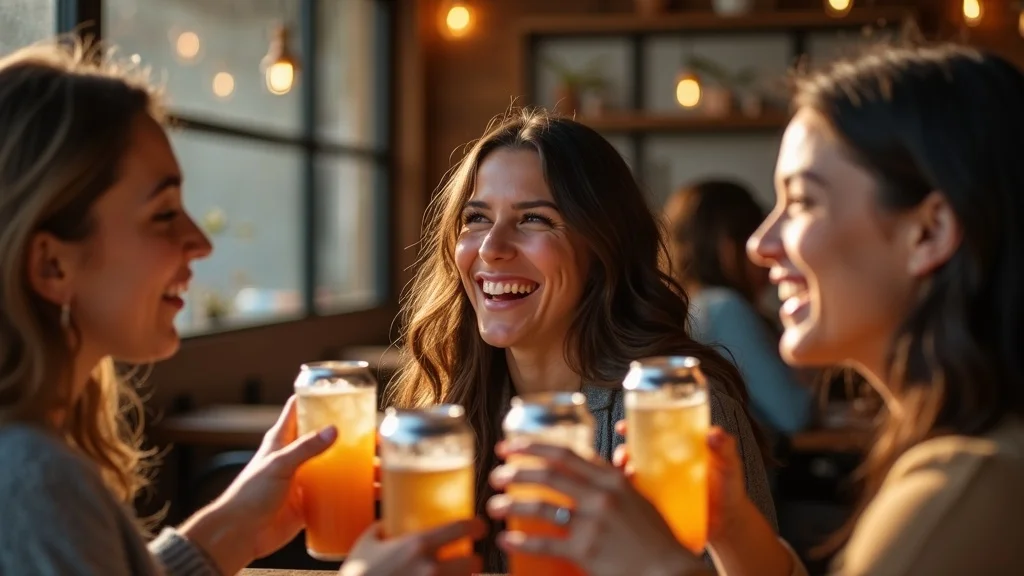 Young adults sharing hydrogen water cans at a stylish cafe, lively conversation, social wellness scene