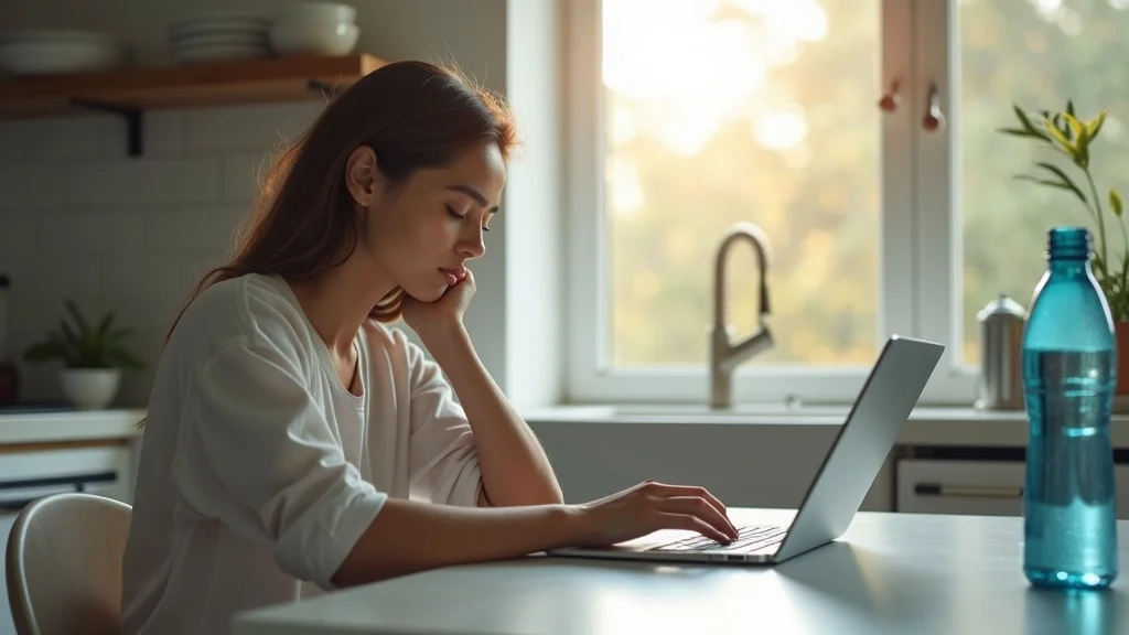 Person researching hydrogen water at kitchen table with bottle and laptop, thoughtful decision-making process for new wellness routines