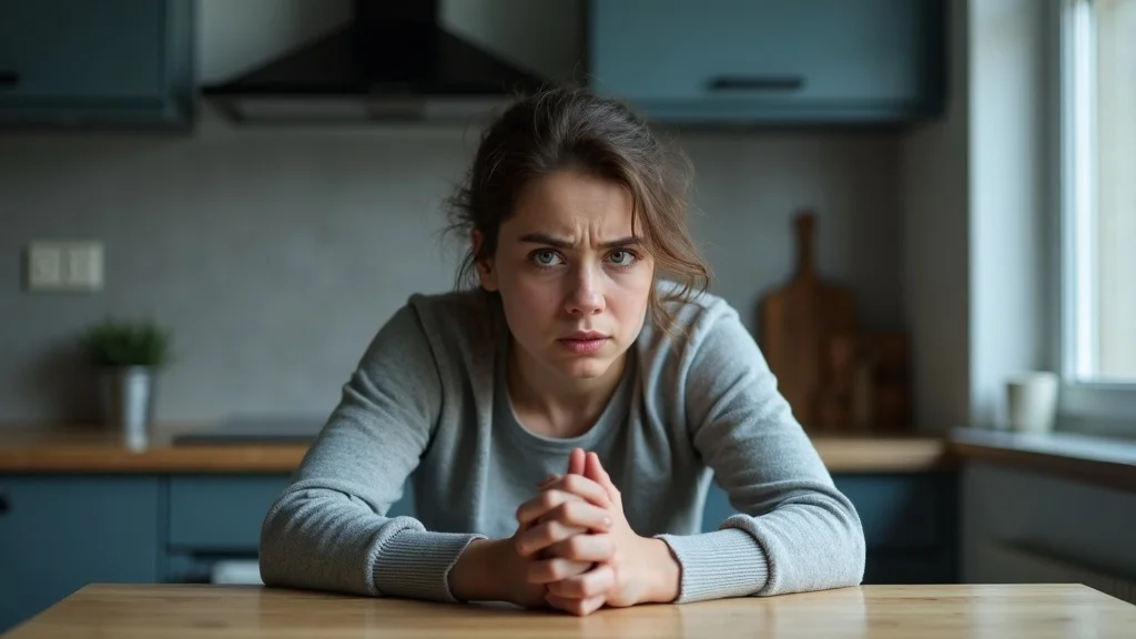 An individual dealing with fear and anxiety sitting at a kitchen table, visibly stressed, highlighting the physical symptoms and emotional tension of daily life.