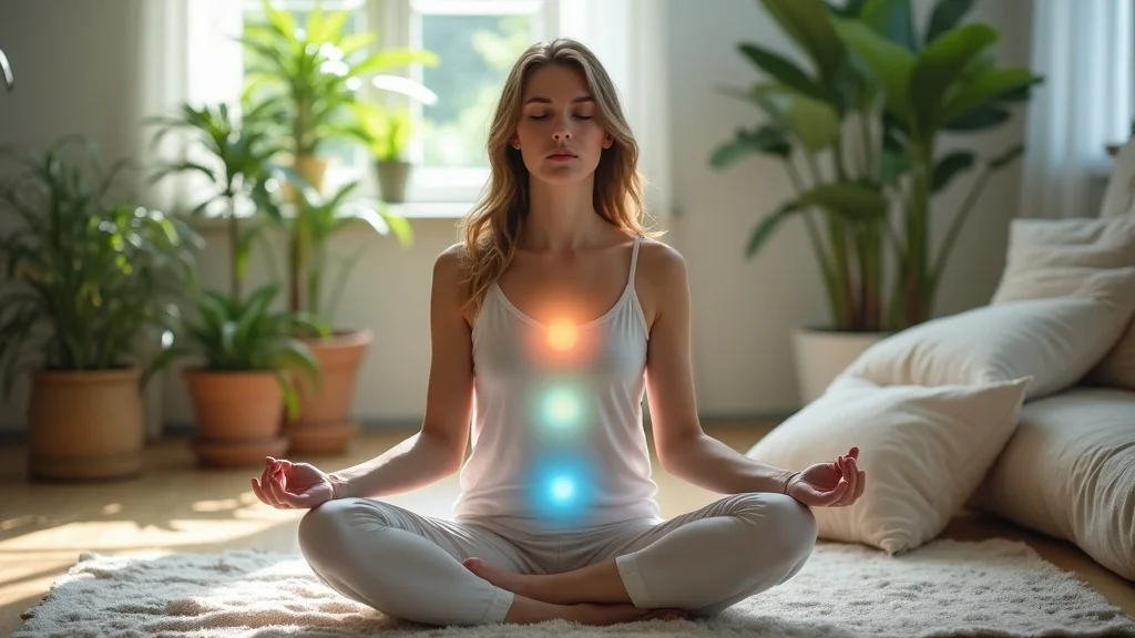 A calm person practicing meditation with attention to their lower energy centers, representing holistic healing for dealing with fear and anxiety.