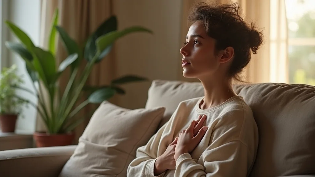 A thoughtful young adult reflecting on dealing with fear and anxiety in a cozy, naturally lit living room with calming indoor plants.