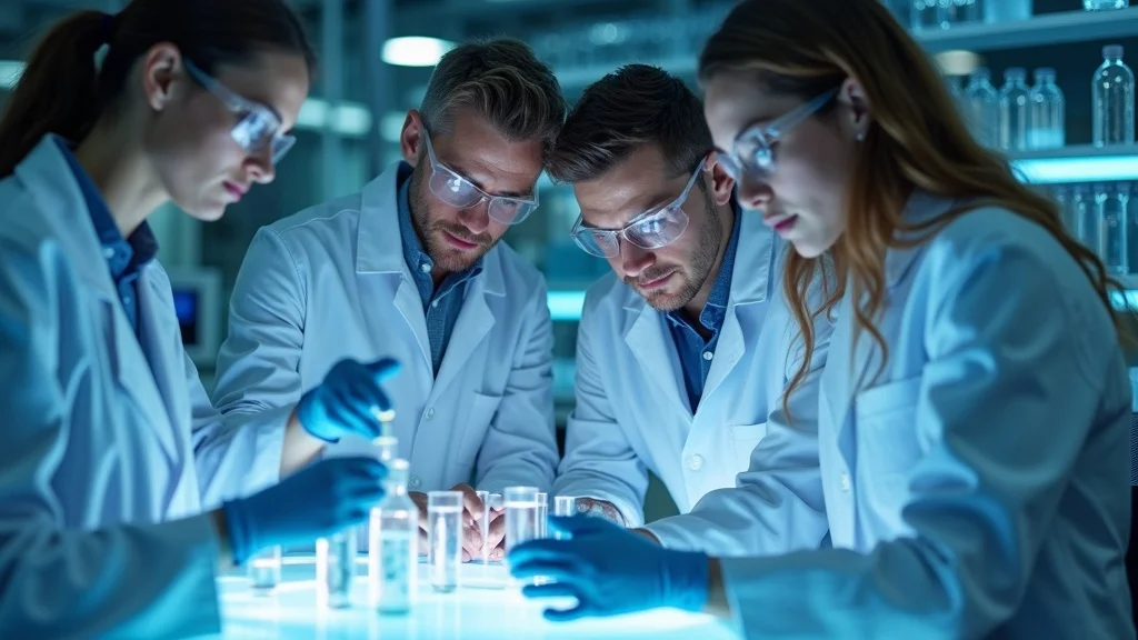 Scientists in laboratory analyzing hydrogen water samples with modern equipment - high-tech research environment