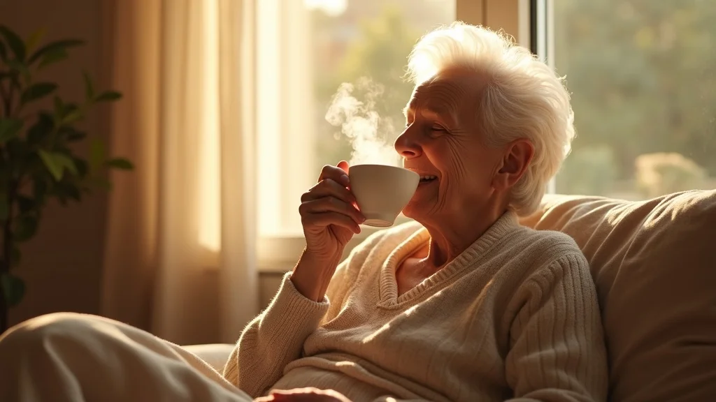 Older adult calmly drinking hydrogen water in a sunlit living room, gentle hydration and wellness focus