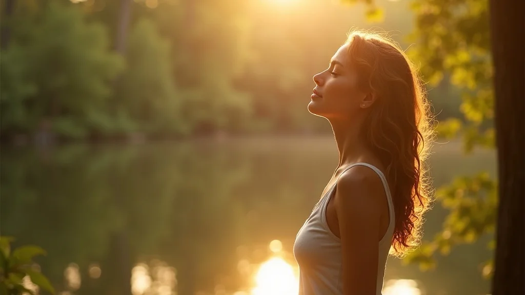 Optimistic woman experiencing healing from bulmia eating disorder in peaceful outdoor setting by lake or forest