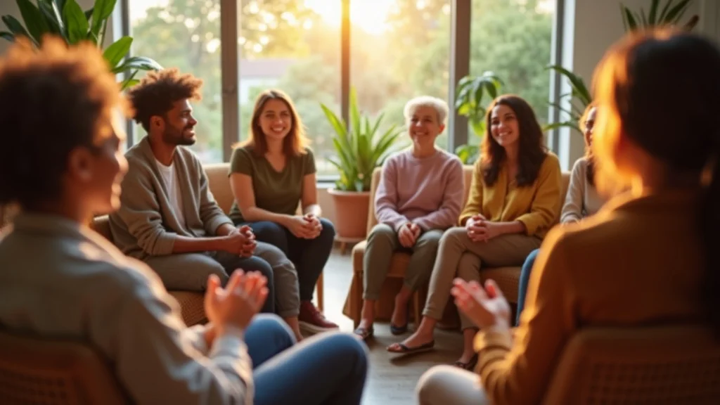Diverse support group finding hope and healing from bulmia eating disorder in a sunlit community center