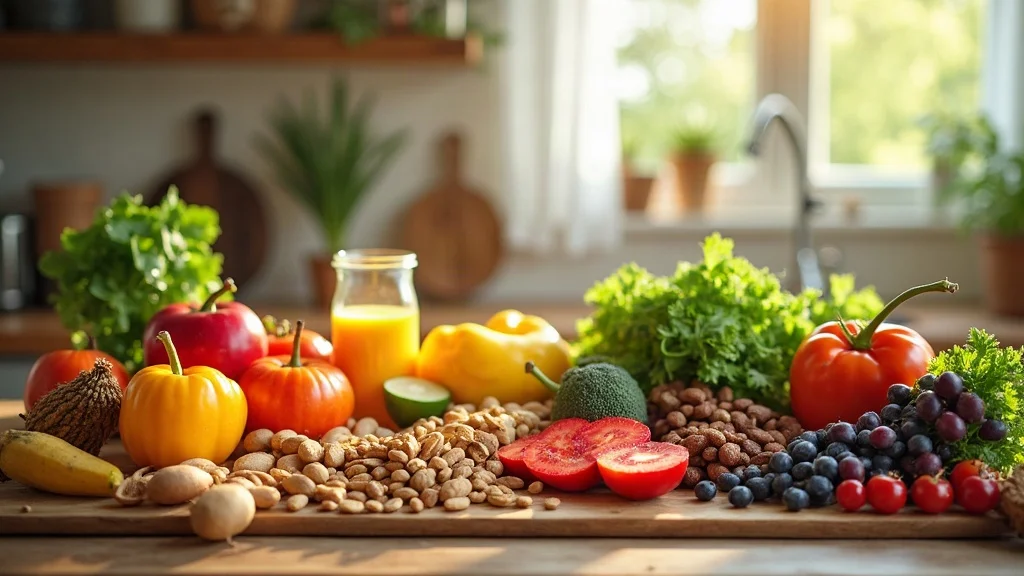 your body is constantly renewing itself - table with colorful fruits, vegetables, nuts, and hydration sources, representing key nutrients