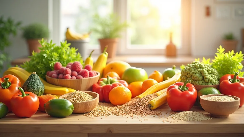 Bright, fresh produce and whole grains on a clean kitchen table — healthy bowel elimination