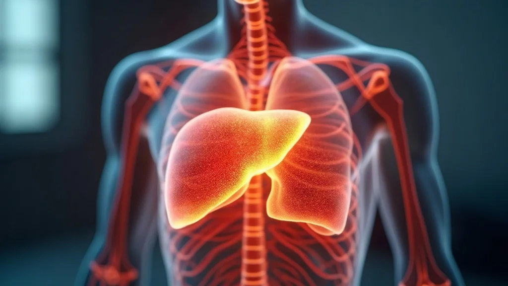 your body is constantly renewing itself - photorealistic focus on healthy, glowing liver within human torso, symbolizing organ regeneration