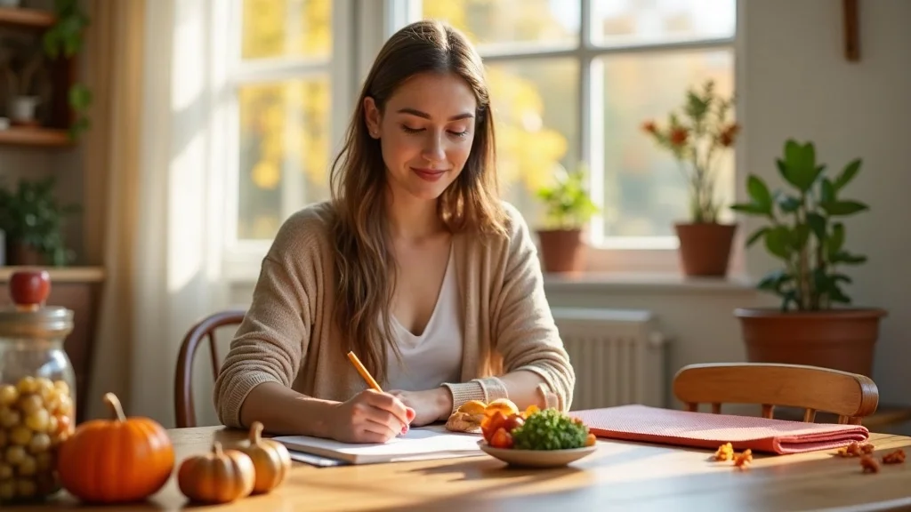 Balanced holistic healing fall wellness routine - hydration, journaling, stretching, eating vegetables in a peaceful autumn home