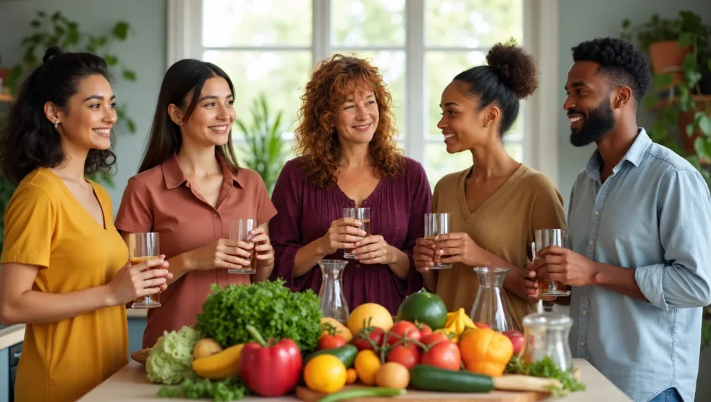 diverse adults discussing physical hydration for health in a kitchen with water and fresh produce