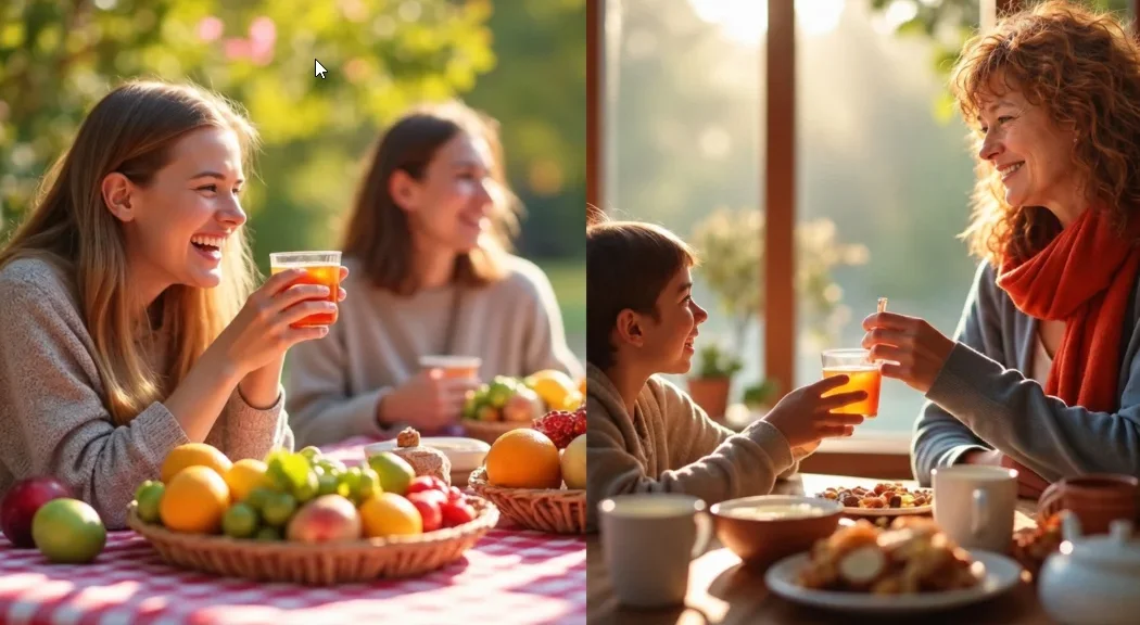 seasonal hydration: summer fruits picnic, winter tea and broth, people enjoying drinks