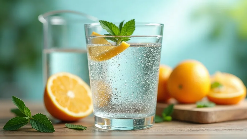 glass of water and citrus fruits for daily water intake and physical hydration for health
