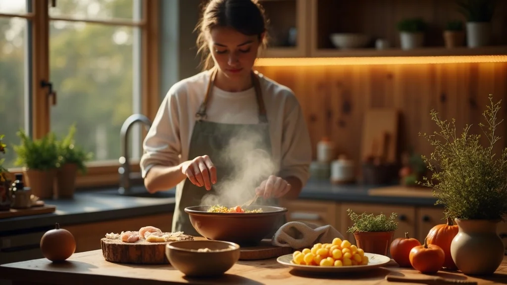 person thoughtfully preparing a warm meal in a cozy autumn kitchen, embodying mindful self-care when the old ways no longer fit