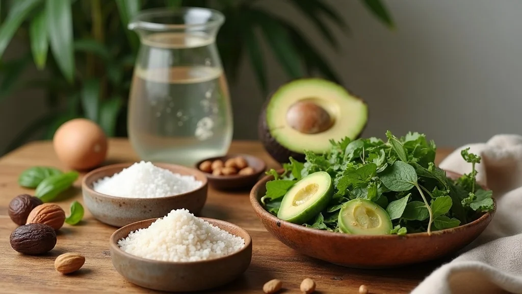 bowls of sea salt, leafy greens, avocado, and nuts supporting mineral and electrolyte hydration