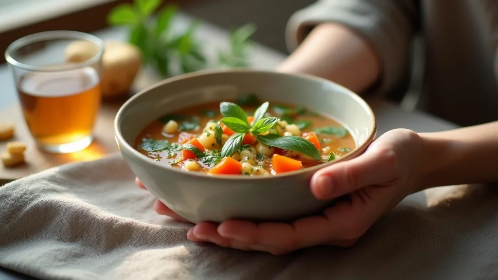 person holding bowl of clear vegetable soup for hydration and digestion health